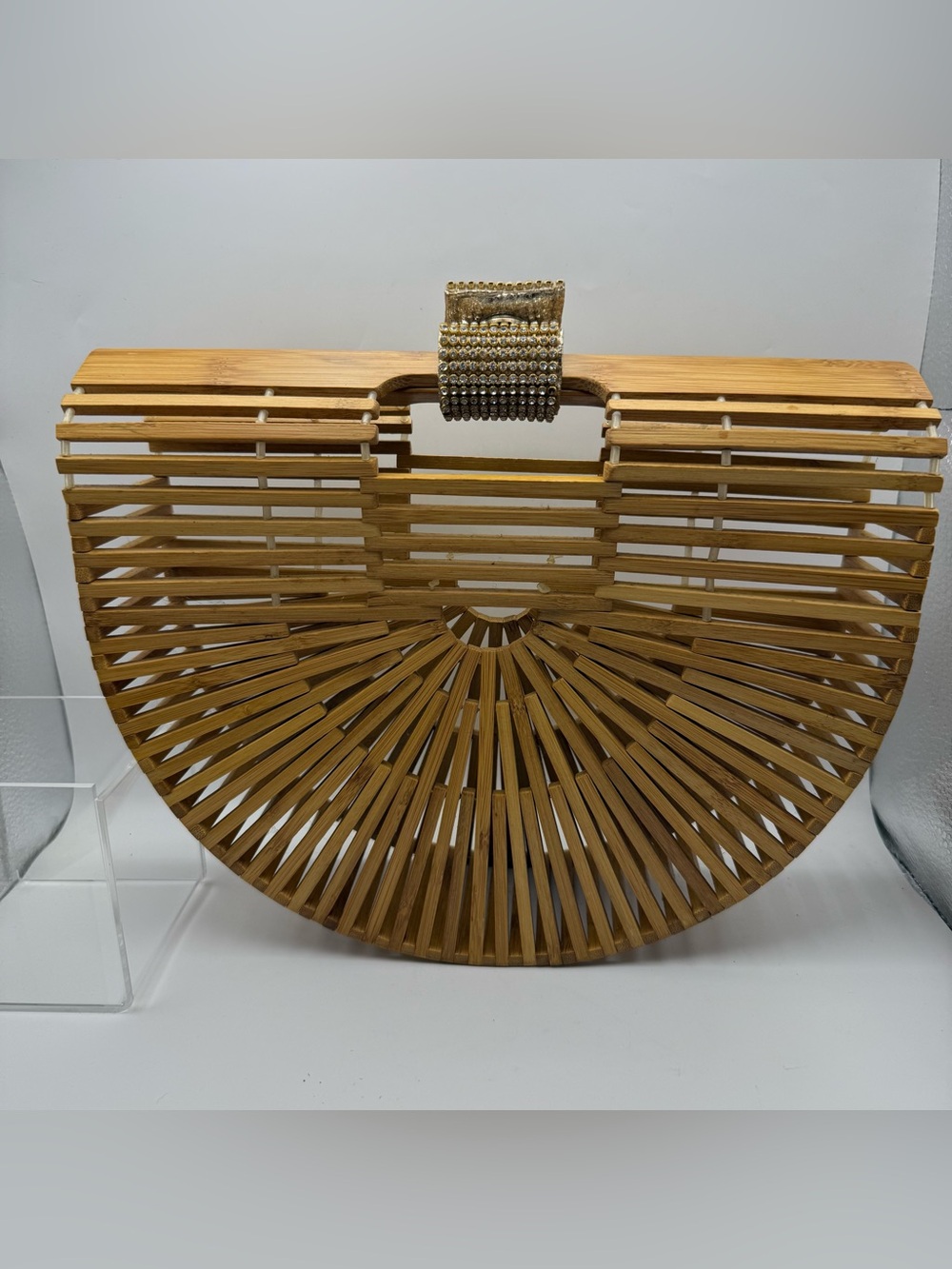 Cult Gaia Inspired Bamboo Ark Shaped Handle Clutch Bag Natural Rhinestone Latch